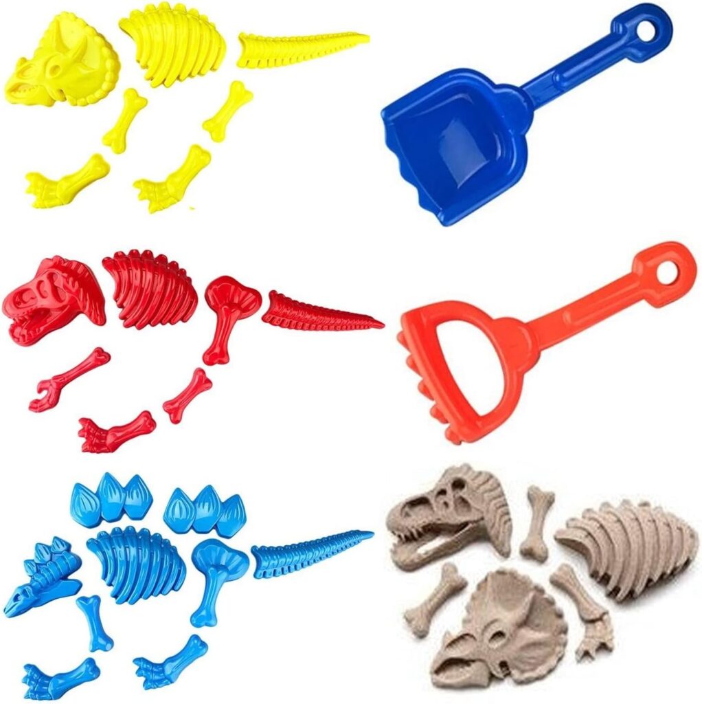 Colorful dinosaur fossil molds against a white background.