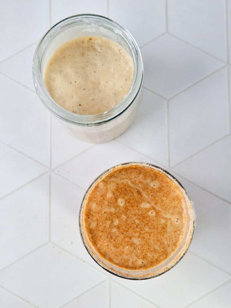 overhead view of sourdough starter in clear jars