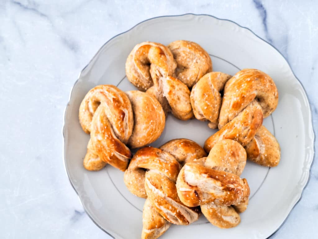 Sourdough Discard Pretzels 23 sourdough discard pretzels on white plate