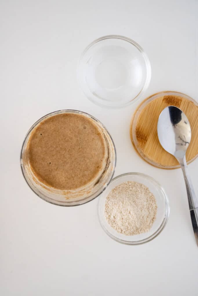 overhead view of sourdough starter ingredients