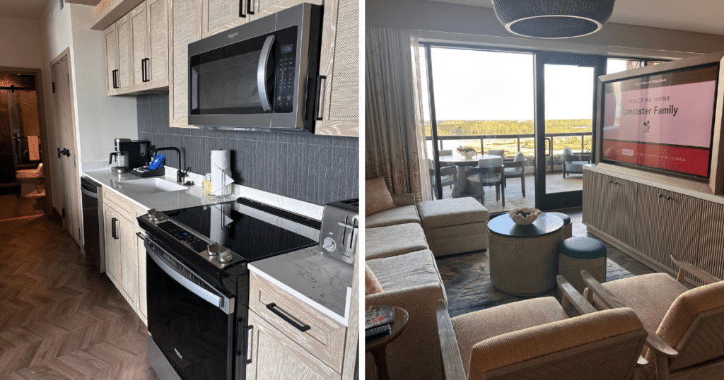 Kitchen and living areas including double sided TV in penthouse villa at Polynesian Island Tower 