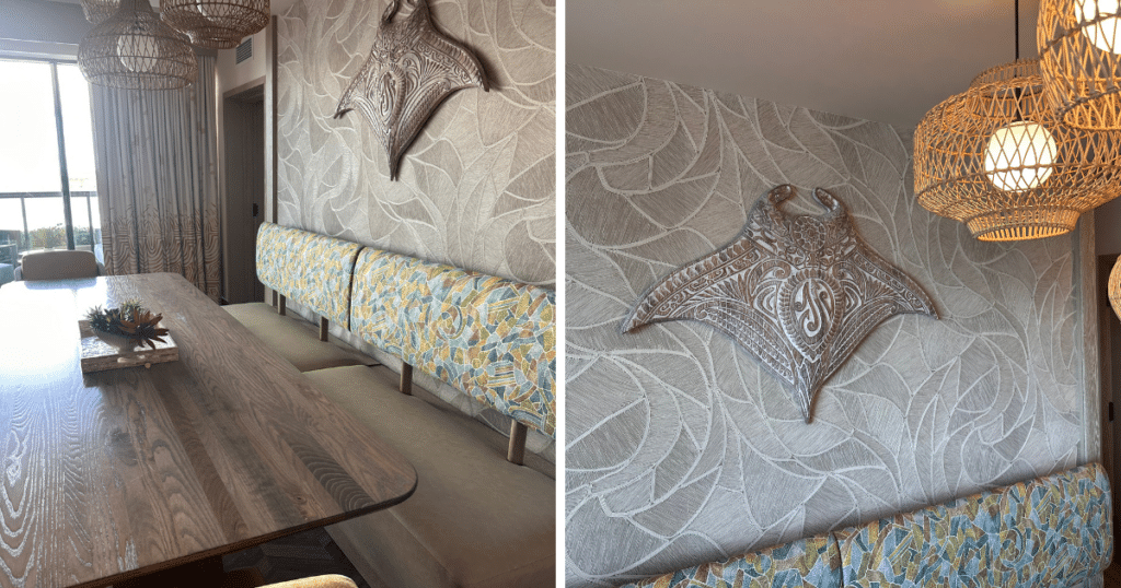 Double image of dining area at Penthouse villa at Disney's Polynesian Island tower including close up of moana themed art in villa 
