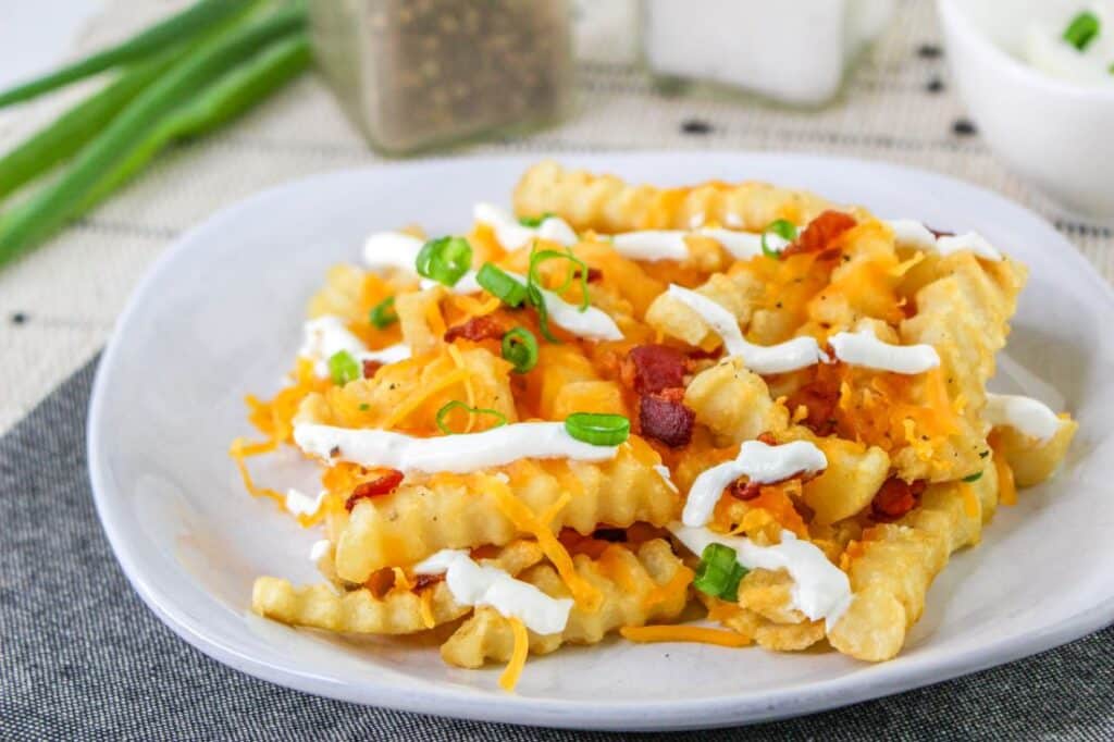 Loaded French Fries With Bacon 22 A portion of the finished Loaded French Fries with Bacon, served on a square white plate.