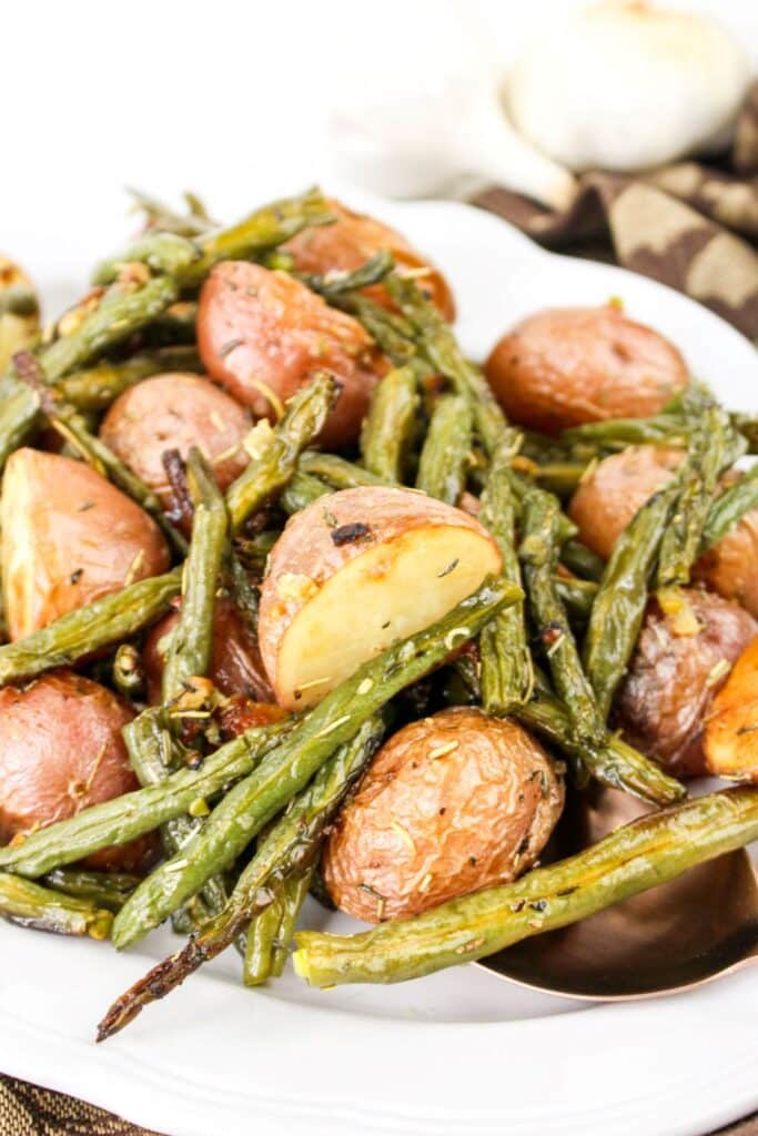 Leftover Roasted Potatoes and Green Beans 3 Closeup shot of the finished Leftover Roasted Potatoes and Green Beans served in a white platter.