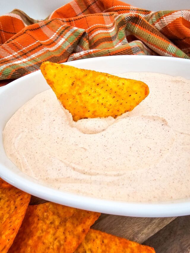 A nacho chip dipped in a bowl of creamy, seasoned dip with an orange plaid cloth in the background.