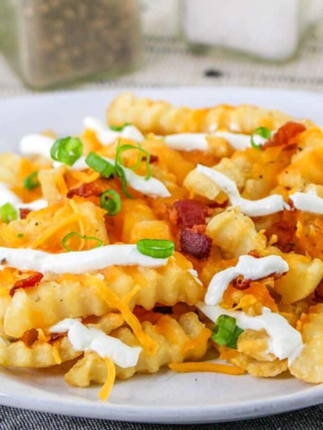 Crinkle-cut fries topped with melted cheese, bacon bits, sour cream, and chopped green onions on a white plate.