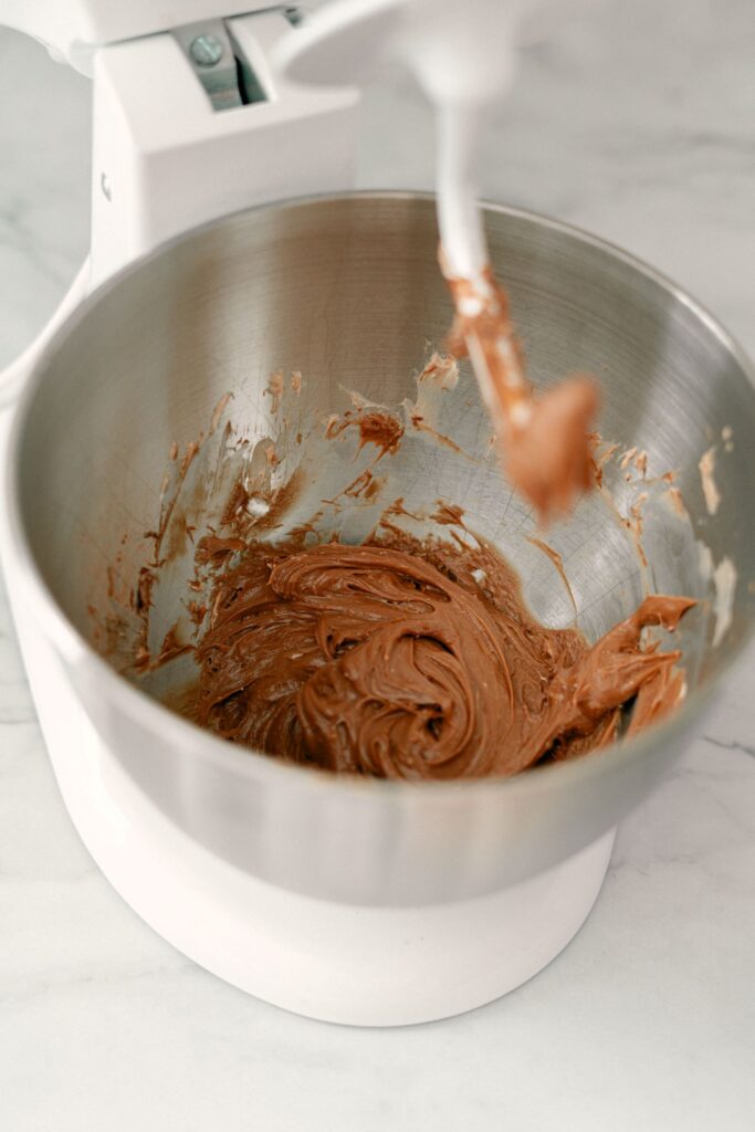 High angle shot of the mixing bowl with Nutella Fruit Dip in it.