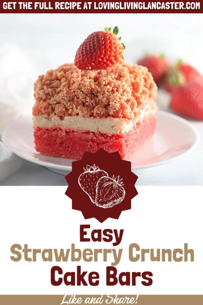 An image of a slice of the finished Easy Strawberry Crunch Cake Bar on a white plate. In the image is a text overlay of the name of the dessert.