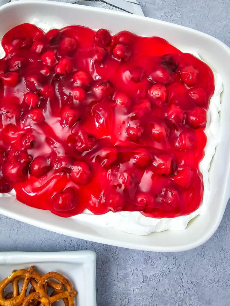Easy 4-Ingredient Cherry Cheesecake Dip 11 Flat lay shot of the finished Easy 4-Ingredient Cherry Cheesecake Dip in it.