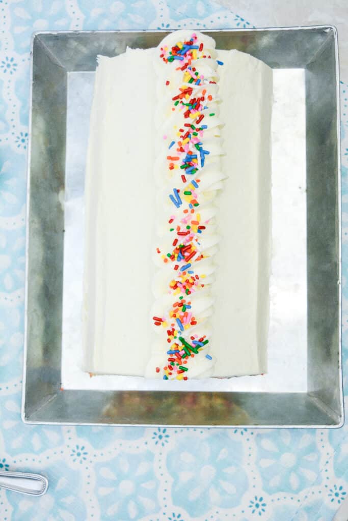 Flat lay shot of a full log of the Delightful Funfetti Birthday Cake in a rectangular stainless steel platter.
