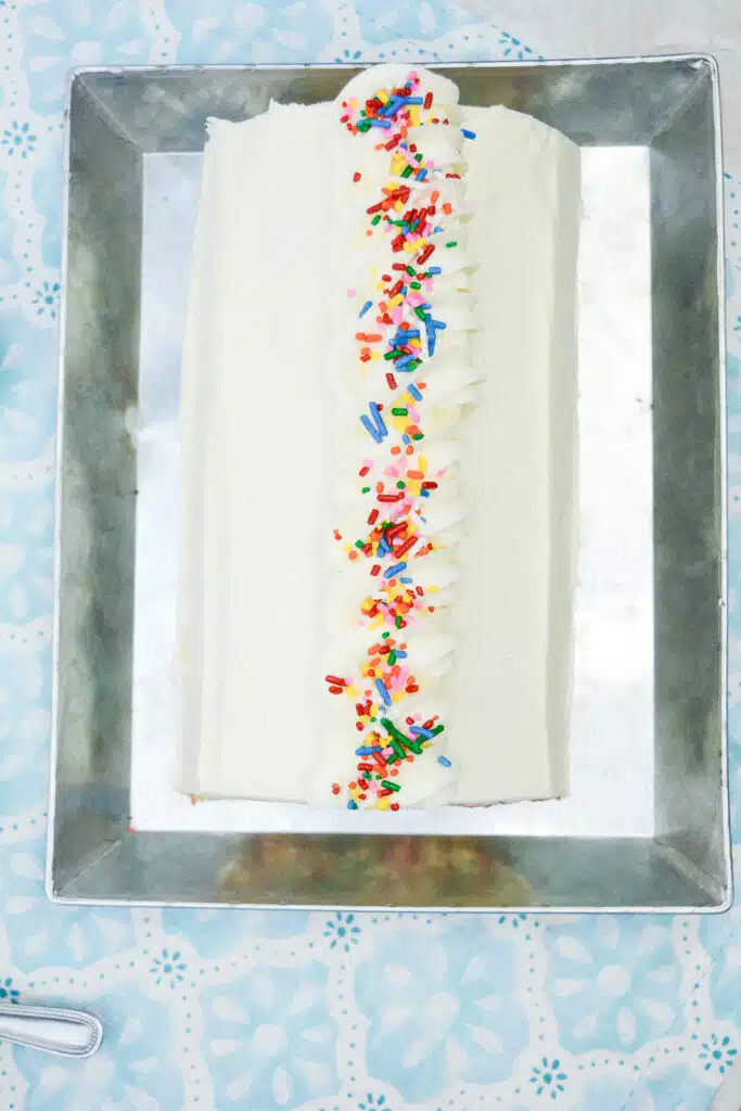 Easy From Scratch Confetti Birthday Cake Roll Recipe with Cream Cheese Frosting 7 Flat lay shot of a full log of the Delightful Funfetti Birthday Cake in a rectangular stainless steel platter.
