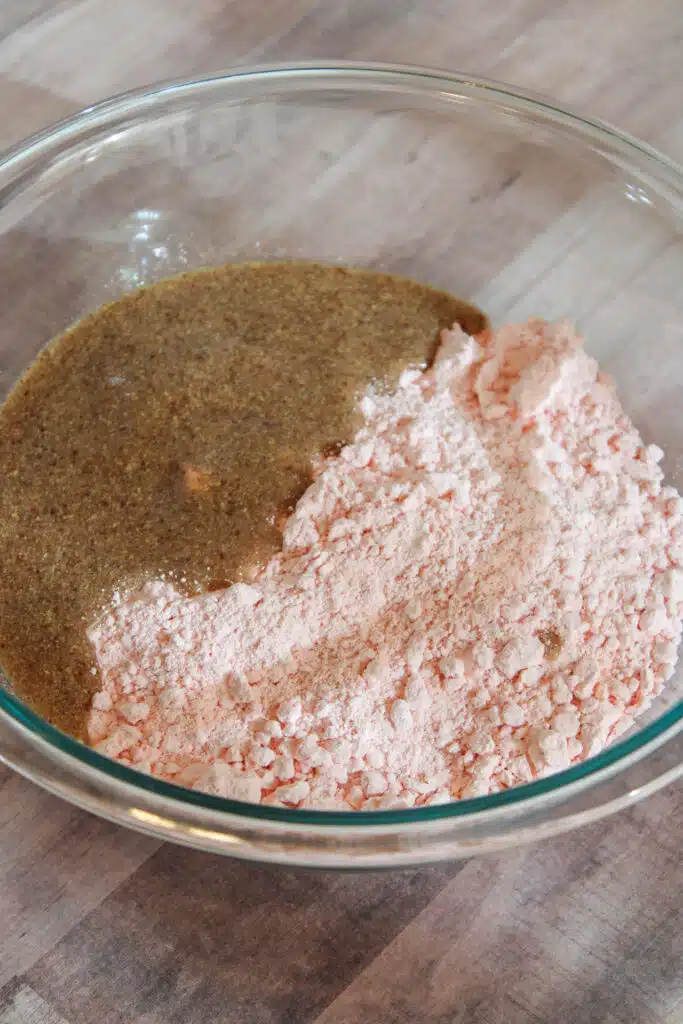 The Easiest Strawberry Cake Mix Crinkle Cookies (4 Ingredients + Vegan!) 6 Strawberry Cake Mix Cookie ingredients in glass bowl