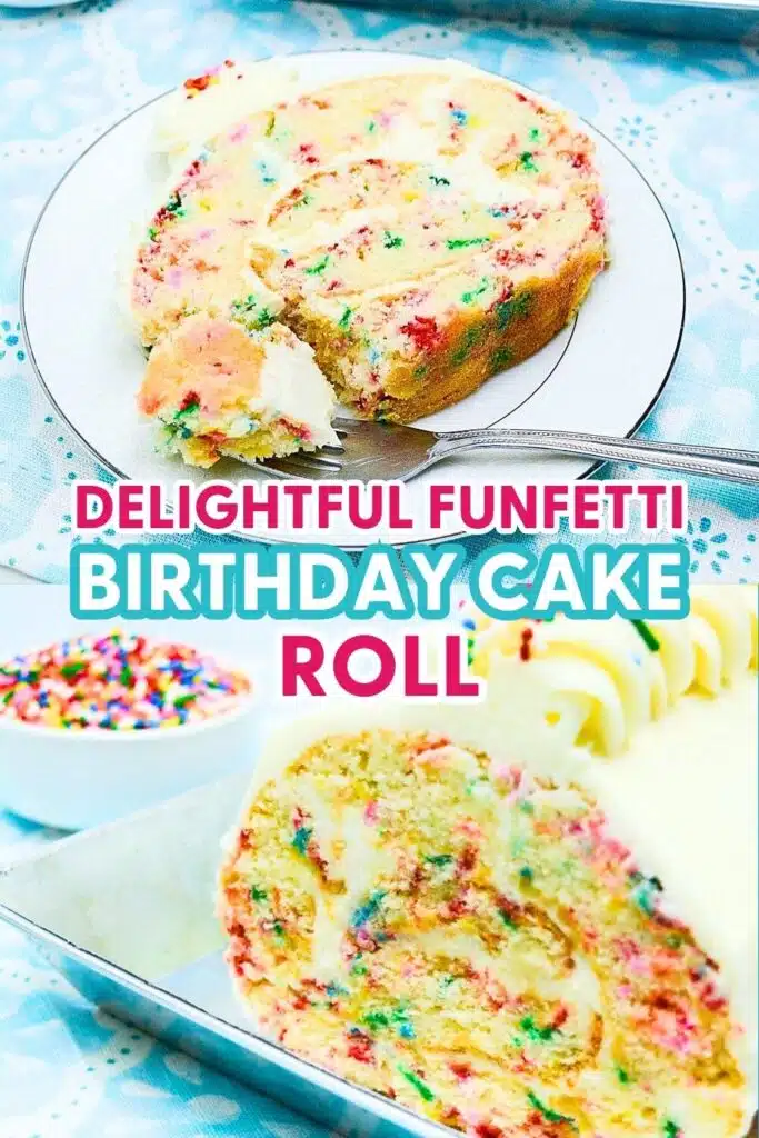 An image of the Delightful Funfetti Birthday Cake Roll featuring a slice of the birthday cake on a dessert plate.