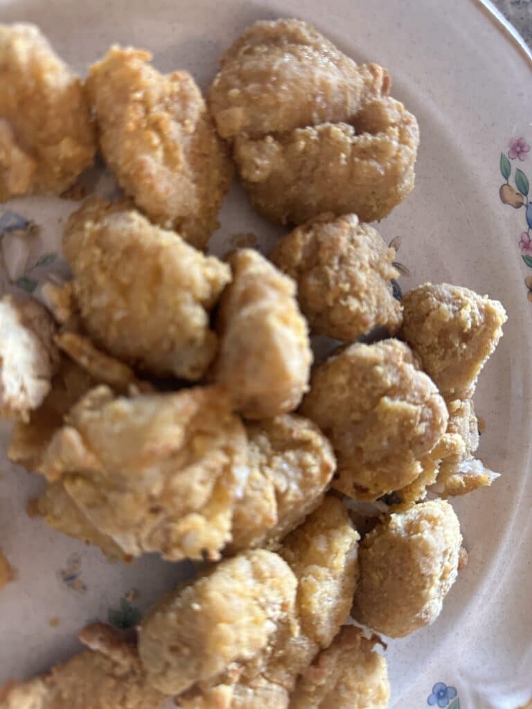 Air Fryer Crispy Catfish Nuggets 5 Flat lay shot of a plate of Air Fryer Crispy Catfish Nuggets.