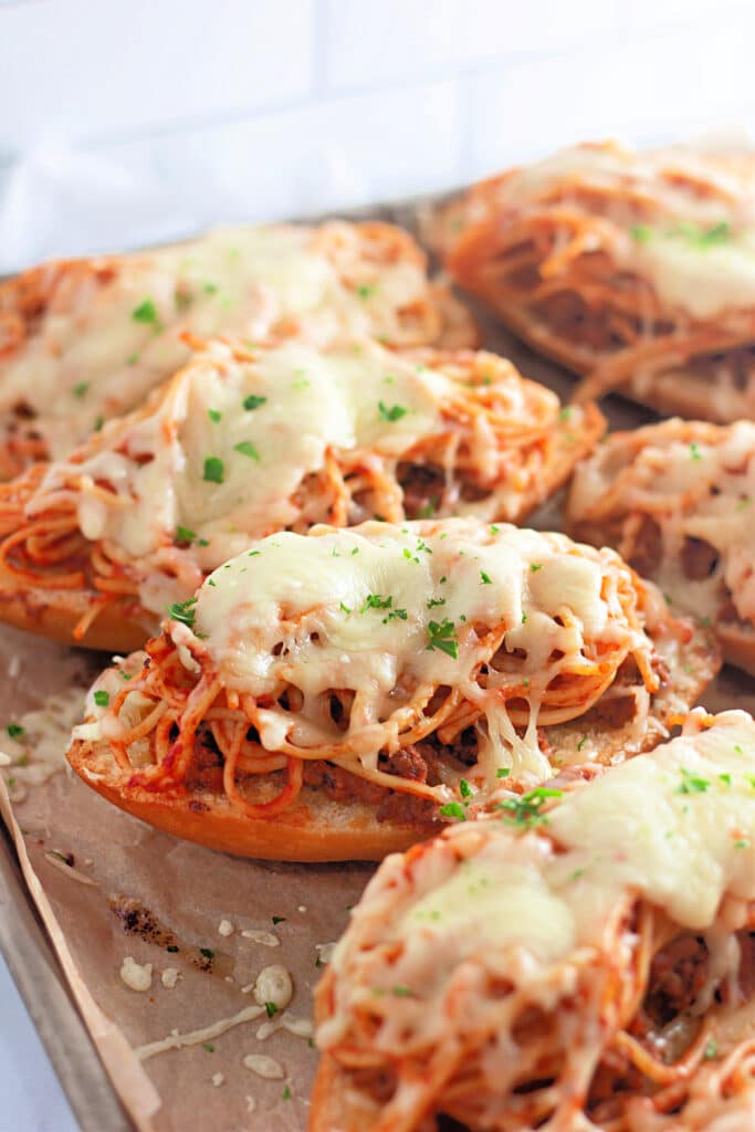 Venison Spaghetti Bread (A Family Favorite!) 3 A batch of the Venison Spaghetti Bread on a sheet tray.