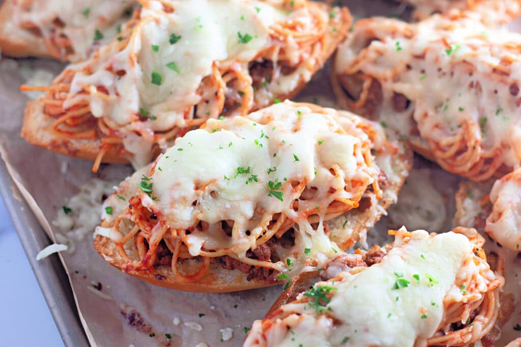 Venison Spaghetti Bread (A Family Favorite!) 19 A sheet tray with a batch of the finished Venison Spaghetti Breads.