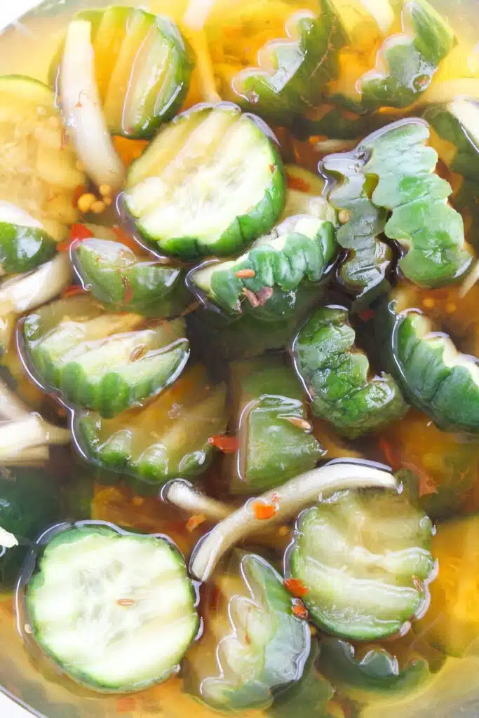 Closeup shot of the Bread and Butter Pickles.