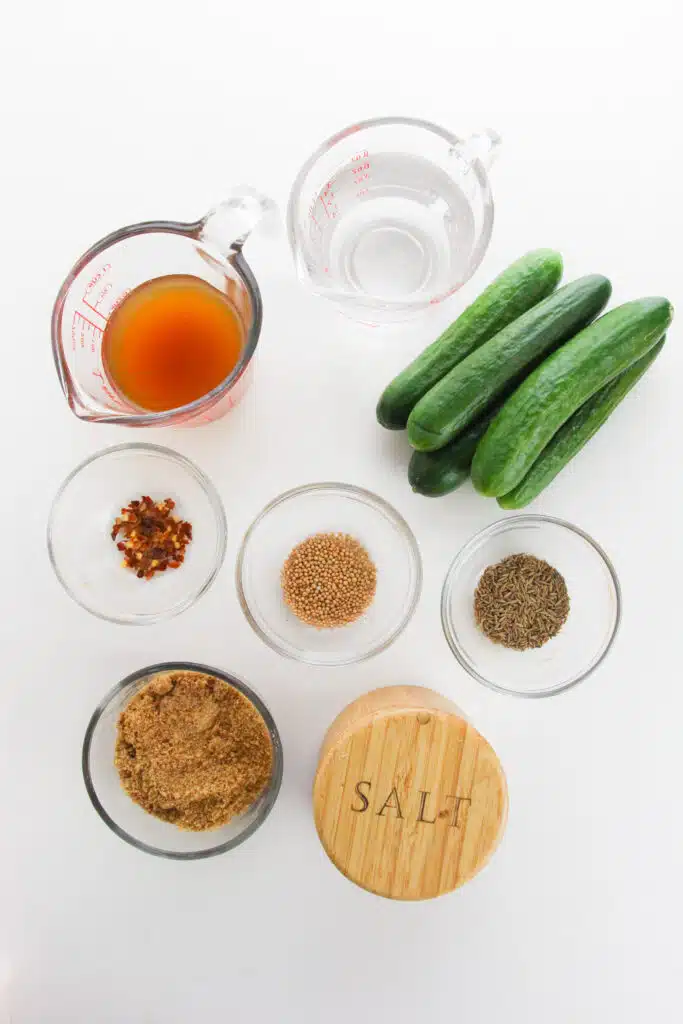 Flat lay shot of the ingredients for the Bread and Butter Pickles. There's a small pile of cucumbers, a measuring jug with apple cider vinegar, another jug with distilled vinegar, red pepper flakes, mustard seeds, and coriander seeds, in separate glass bowl, another glass bowl with brown sugar and a container with salt. All ingredients are on a white surface.