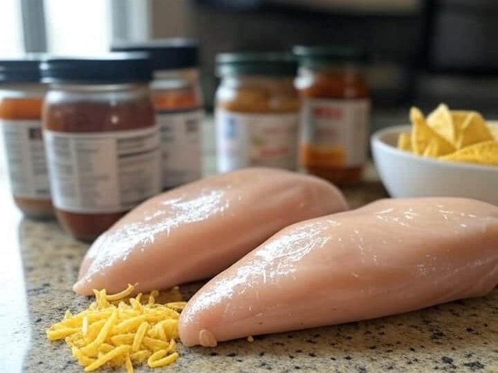 Crockpot Chicken Nachos Recipe (My Viral Slow Cooker Chicken Nachos Recipe) 7 Two raw chicken breasts on a kitchen counter with shredded cheese, a bowl of tortilla chips, and several jars of salsa or sauce in the background.